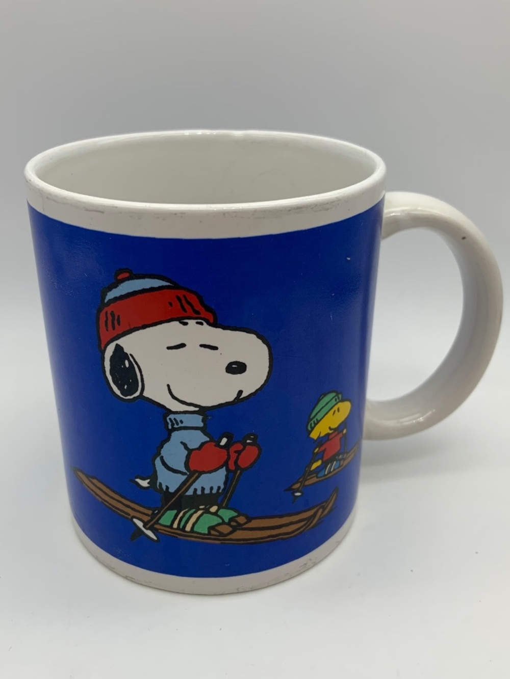 Vintage Peanuts Snoopy and Woodstock Winter Skiing Ceramic Blue/White Coffee Mug
